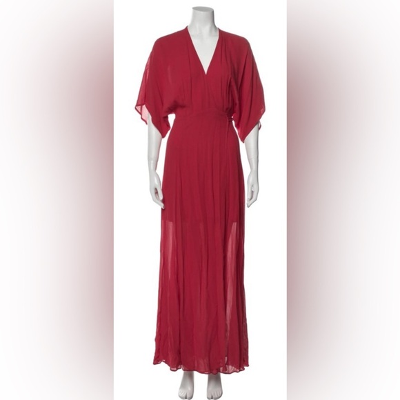 Reformation “Winslow “ A-line Shirt sleeve V-Neck Pleated Red Sash Midi Dress XS - Picture 4 of 4